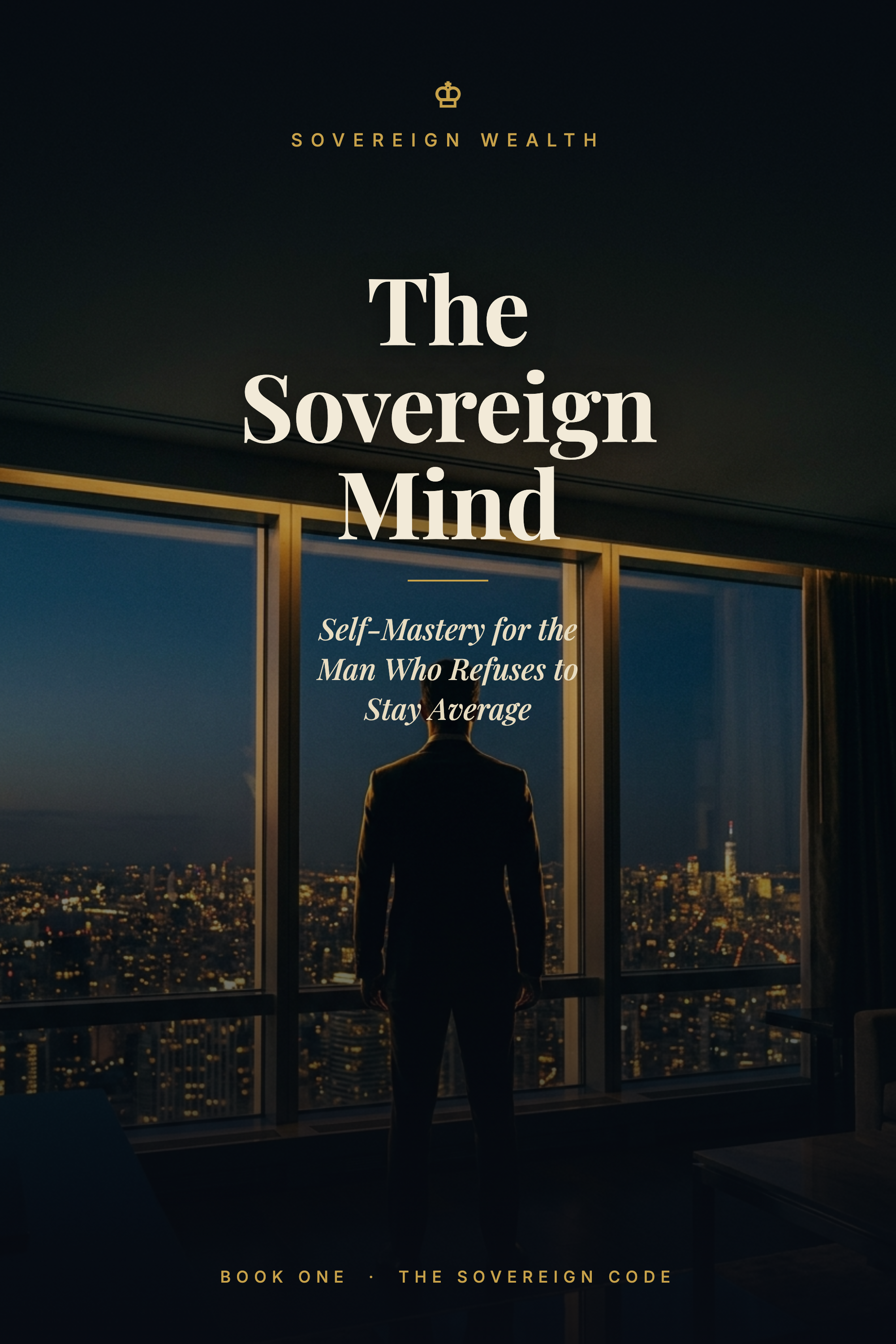 The Sovereign Mind, book cover: a lone man at a high window over a city at dusk